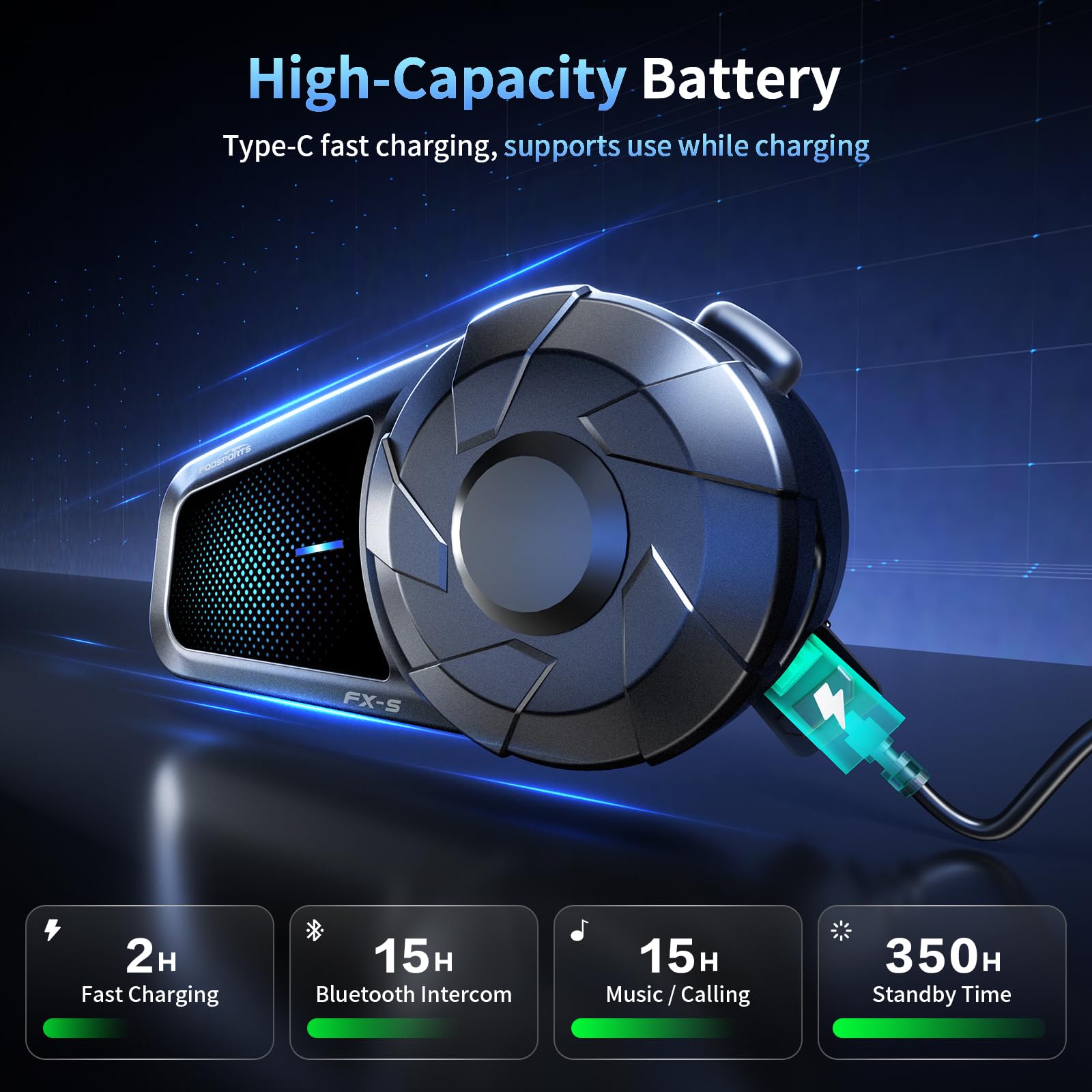 Fodsports FX-S Motorcycle Bluetooth Headset V5.4, 2-Way Helmet Intercom Communication System with IP67 Waterproof, CVC Noise Cancellation, Hands-Free Music/Call, 2 Type Mics, Black, 1 Pack