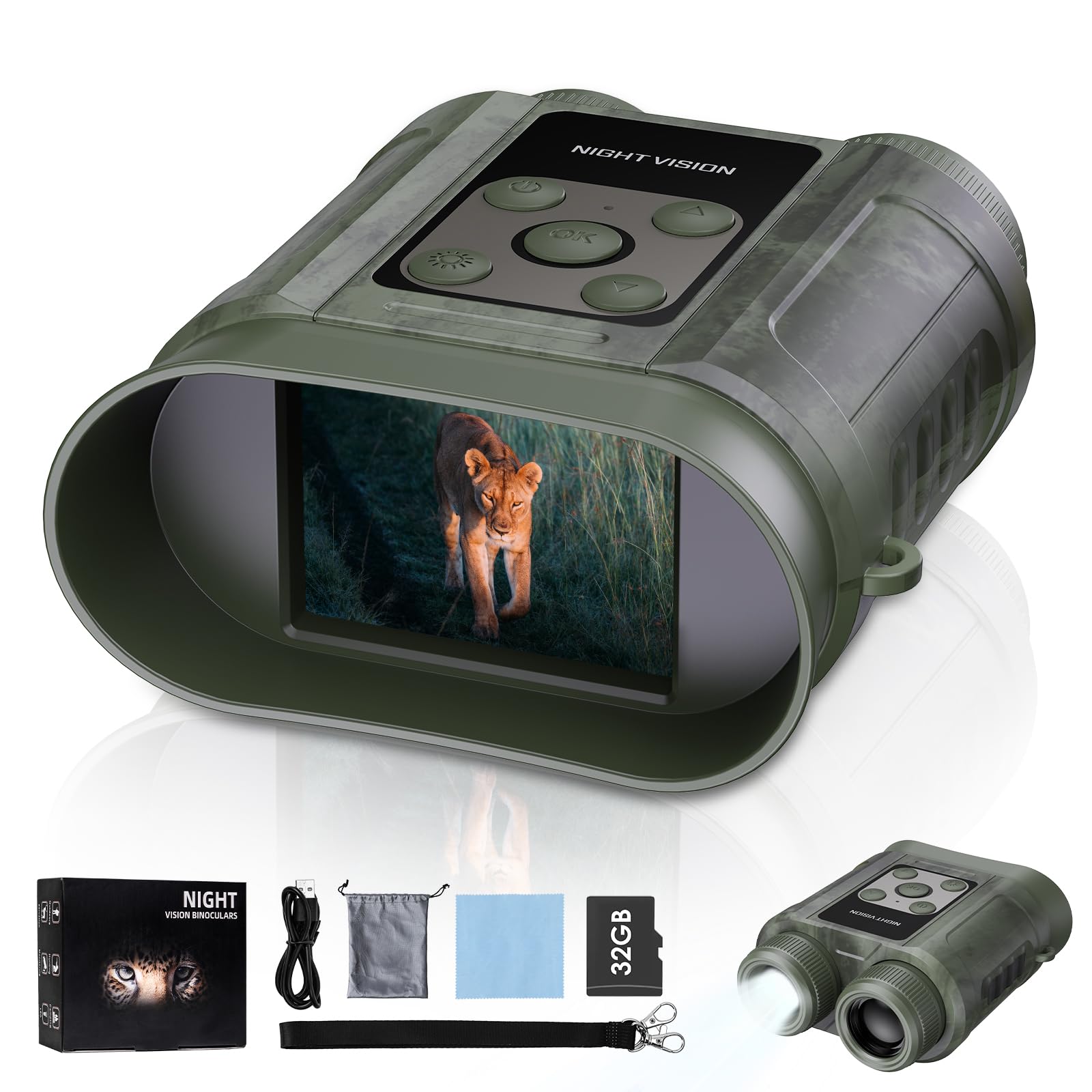 Photo 1 of Night Vision Goggles,Compact Night Vision Binoculars,32GB Card Included, Photo/Video Capture,Outdoor Tools for Education, Wildlife Watching,Gifts for Boy, Gifts for Men, Gifts for Father(Green)