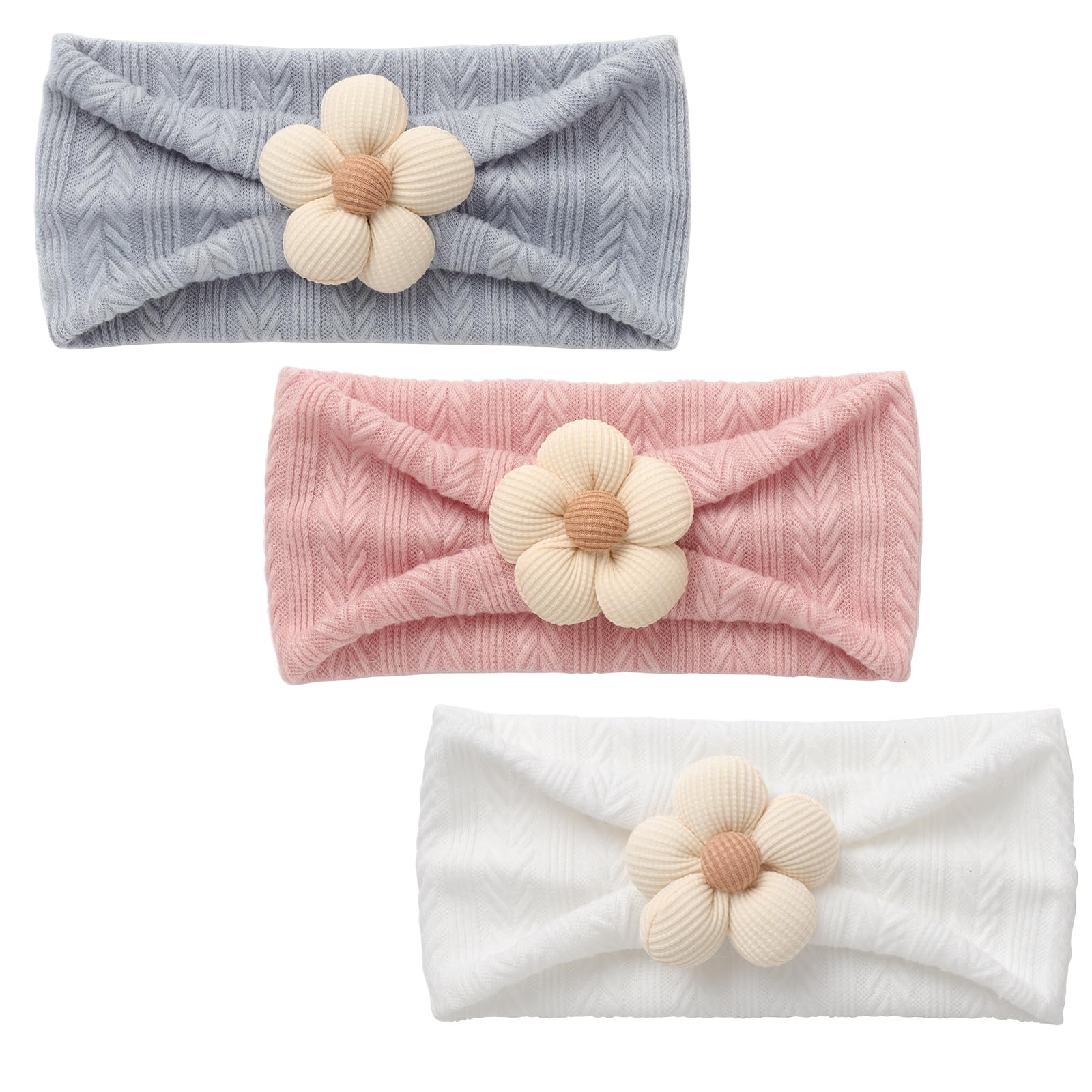DRESHOW 3 Pack Girls Flower Headbands Stretchy Nylon Headbands Handmade Hair Accessories for Newborn Infant Toddlers Kids