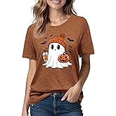 Halloween Shirts for Women: Pumpkin Ghost Print Funny Crewneck Short Sleeve Top for Costumes Autumn Party Graphic T-Shirt