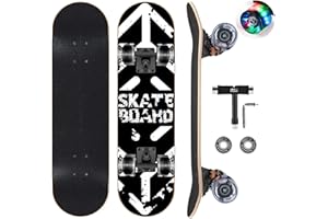 GIEEU Skateboards with Colorful Flashing Wheels for Beginners,Kids,Teens,Adults, Complete Standard Skate Boards 9 Layer Canadian Maple Deck Concave Skateboard