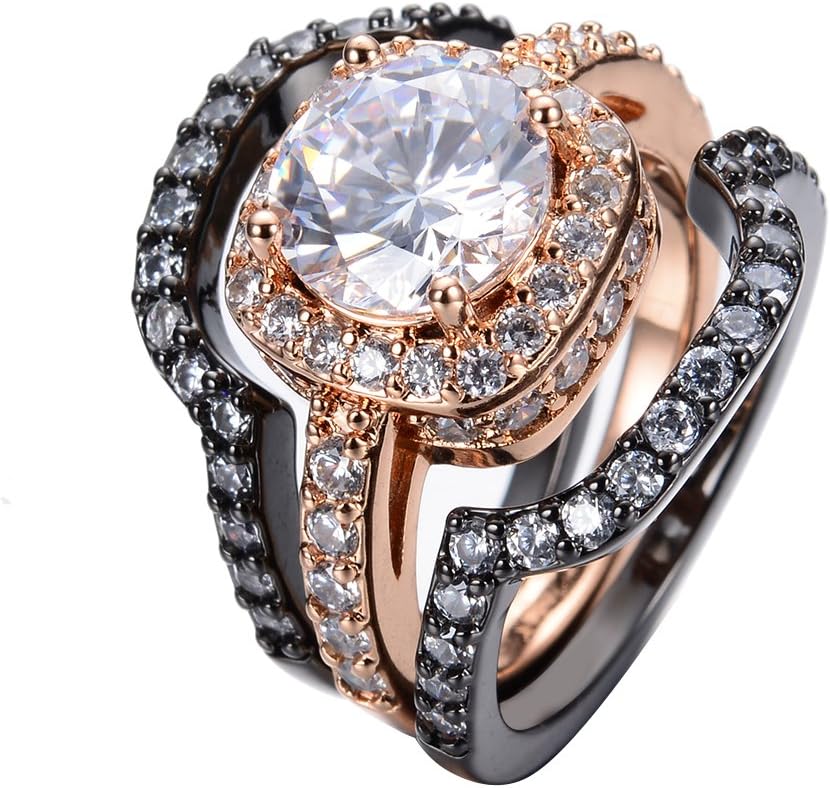 Bamos Fashion Jewelry Womens Luxury White Round Stone Black Gold Plated Wedding Rings Set Size 6-10