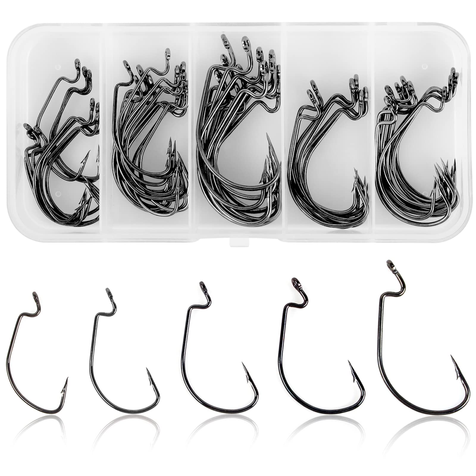VIPMOON 50PCS Fishing Hooks High Carbon Steel Worm Senko Bait Jig Fish Hooks with Plastic Box,5 Size 2#, 1#,1/0, 2/0, 3/0