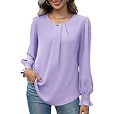 Funlingo Womens Long Sleeve Tops Dressy Casual Smocked Work Shirts Loose Pleated Crew Neck Chiffon Blouses Fall Spring 2026 Purple Medium