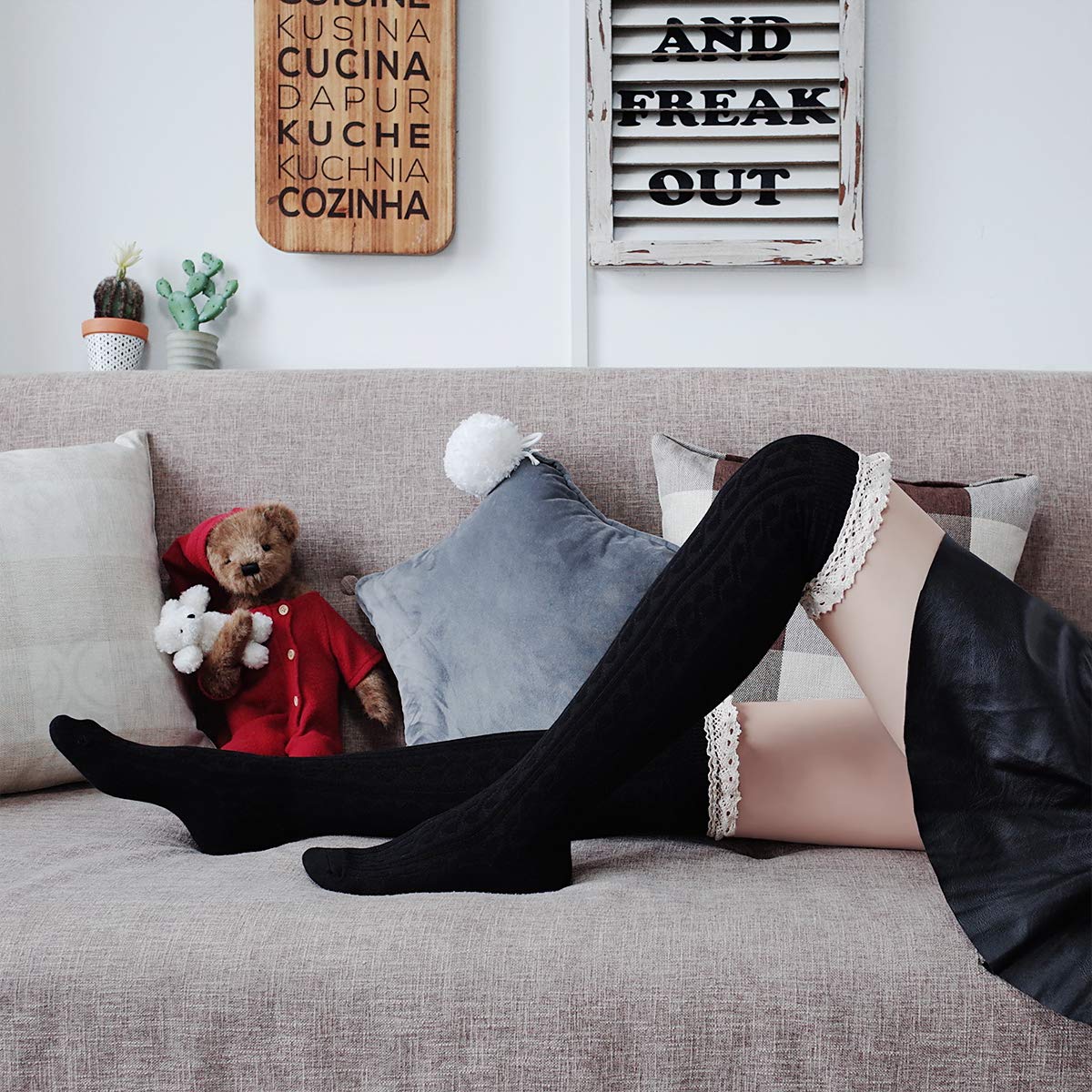 Hippih Womens Winter Over Knee Leg Warmer Crochet Thigh High Boot Socks Girls Leggings(Black)