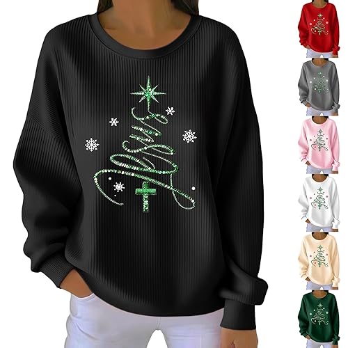 Ugly Sweater Christmas Women, Christmas Jumper 2025, Ladies Sweaters UK Tshirts Xmas Tree Printed Jumpers Ugly Sweater Long Sleeve Tops Winter Plus Size Sweatshirts Women's Fashion Blouse (Black, L)