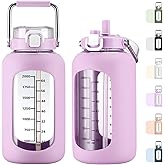 MUKOKO 84oz Glass Water Bottle with Time Marker and Silicone Sleeve 2.5L Water Jug with Stainless Steel Handle Gallon Drinking Bottle with 2-in-1 Lid Wide Mouth BPA Free, Purple