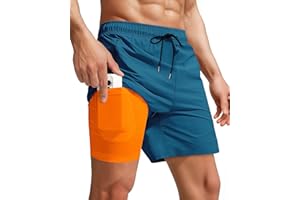 Yufawow Men Swim Trunks with Compression 7 Inches Breathabe Liner Quick Dry Zipper Pockets for Board Beach Gym Running