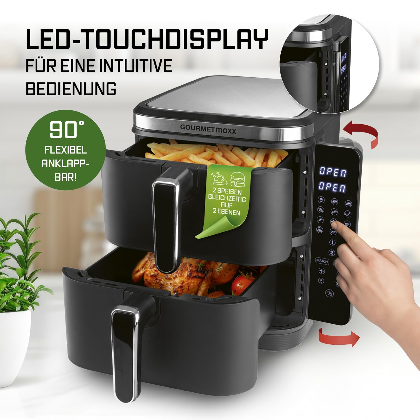 GOURMETmaxx FryUp Vertikale Doppelkammer Heißluftfritteuse | vertikaler Airfryer | klappbares Touchdisplay | 32% platzsparender | Fassungsvermögen 10L | Heißluftfritteuse 2 Kammern 5