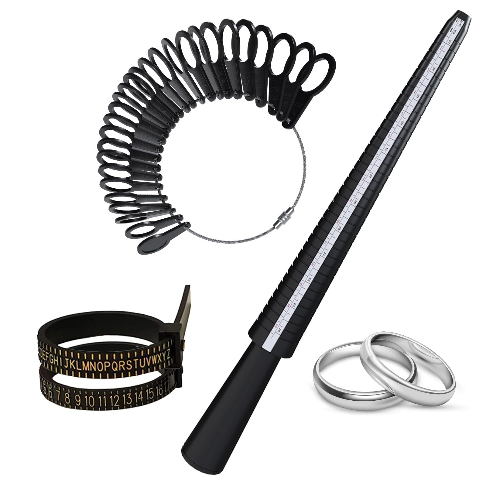 Ring Sizer Measuring Tool by MMOBIEL – Ring Size Measuring Tool for Men & Women – Finger Gauge for Jewelry Sizing – Diameters / US, EU & FR Standard Sizes – Includes Measuring Rings & Belts (UK & US)