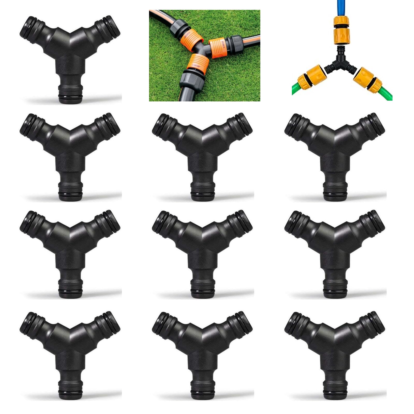 SJDOFU Y-Piece Branch Connector, 10-Pack ABS Plastic Hose Splitter (3-Way), Quick-Connect Coupling, Black, Klein Size