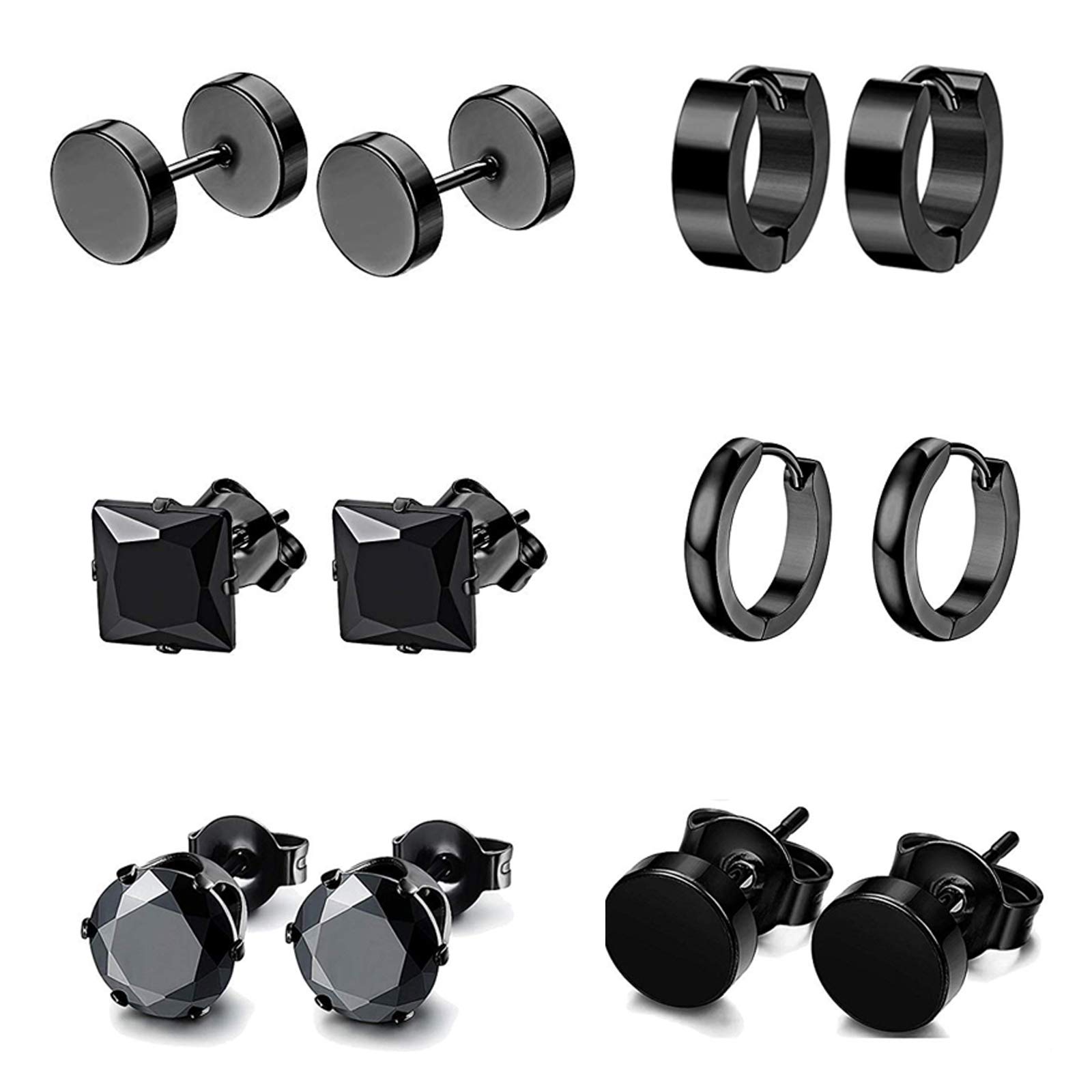6 Pairs Black Men's Earrings Studs, Stainless Steel Hypoallergenic Cartilage Earrings Hoops Barbell Ear Plugs Ear Piercing Triangle Screw Stud Black Earrings Set for Men Boys