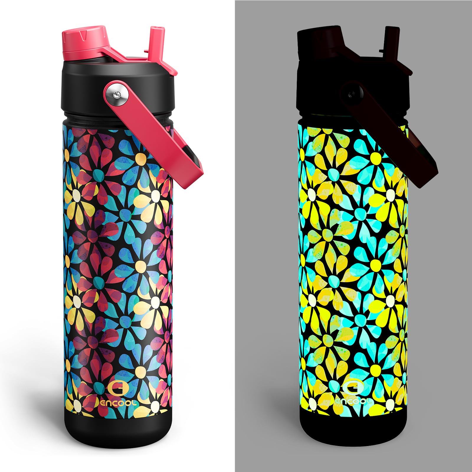 ENCOOL Insulated Water Bottle with Straw Stainless Steel Water Bottle, Leak-Proof, BPA-Free, Double Wall Vacuum Keeps Cold for 24 Hours for Sports, Travel, School (26 oz, Vivid Flora) Image