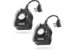 TiFFCOFiO Outdoor Timer Outlet for Lights, 24 Hour Mechanical, Outdoor Light Timer Waterproof, 2 Grounded Outlets for Home and Garden, 15A 1/2HP, Heavy Duty, CSA Listed (2 Pack)