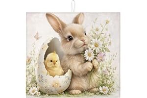 Spring Bunny Dish Drying Mats for Kitchen Counter, Cute Rabbit Floral Absorbent Dish Drainer Rack Mat, Easter Microfiber Dryi