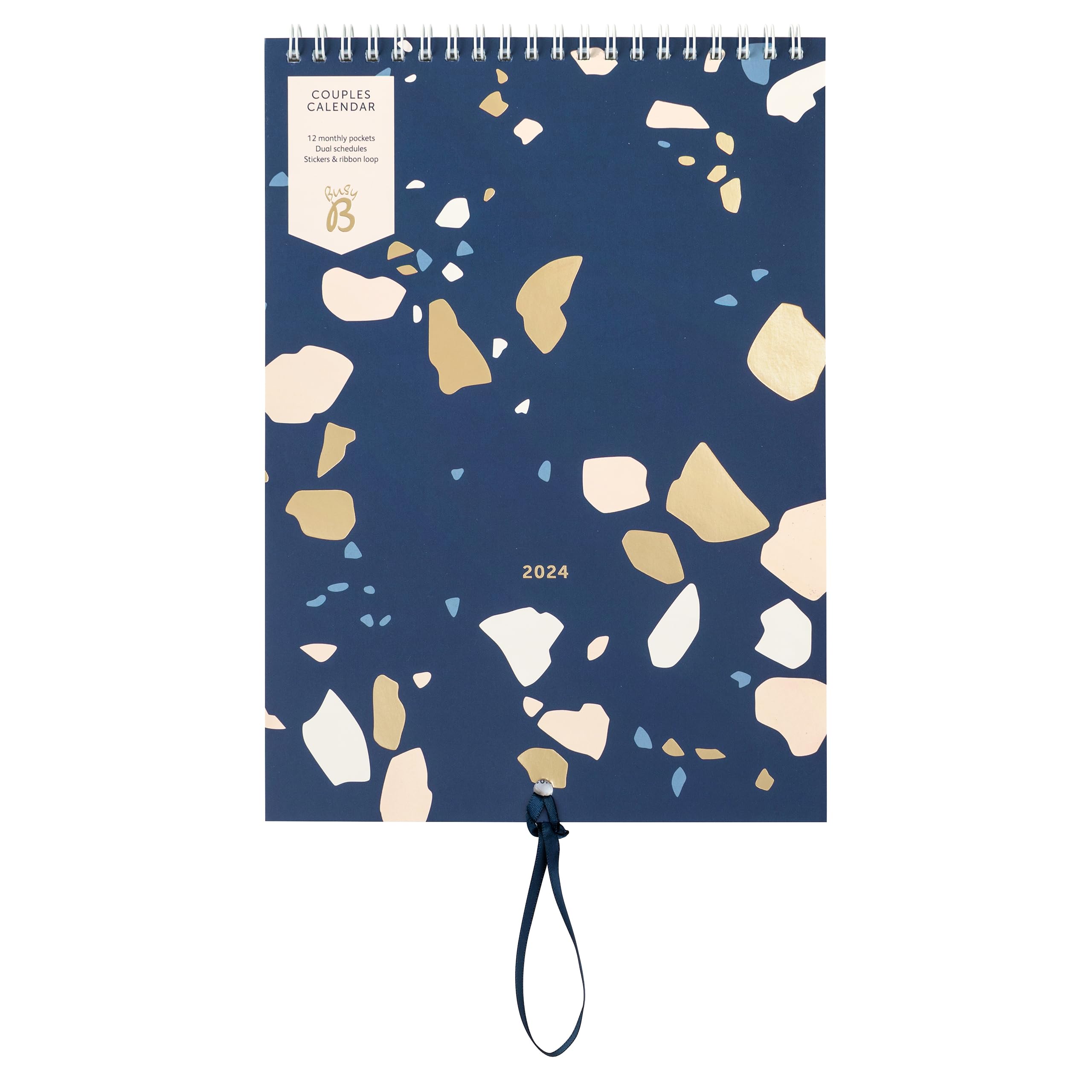 Busy B Couples Wall Calendar January to December 2024 – Terrazzo – Slim Year Planner for Two with Columns, Monthly Pockets & Stickers