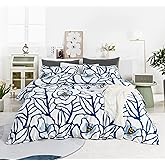 YuHeGuoJi Abstract Botanical Duvet Cover Queen 100% Cotton 3 Pcs Set 1 Cartoon Graffiti Floral Duvet Cover with Zipper Ties 2 Pillowcases Doodle Blue White Flower Bedding Set Soft