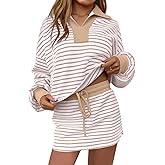 MAOECO Womens 2 Piece Set Striped Sweatshirt Skirt Set Casual Long Sleeve Skort Workout Matching Lounge Set with Pockets