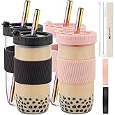 Reusable Glass Mason Jars Cups with Lids and Straws Silicone Sleeves, 4 Pack 24Oz Wide Mouth Smoothie Cups Glass Bubble Tea Cup, Leakproof drinking glasses Water Bottle Travel Tumbler for Large Pearl