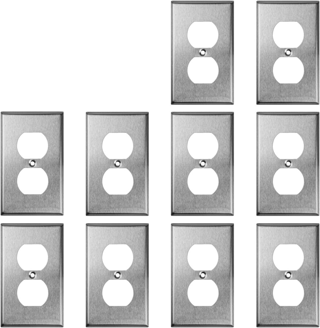 TOPELE 1-Gang Duplex Receptacle Stainless Steel Wall Plate, Cover Plate for Home & Workplace Decor with Screw, Standard Size (Pack of 10)