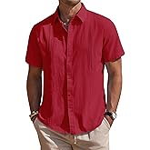 Mens Linen Shirts Short Sleeve Button Down Shirt Casual Cuban Guayabera Lightweight Summer Beach Solid Tops