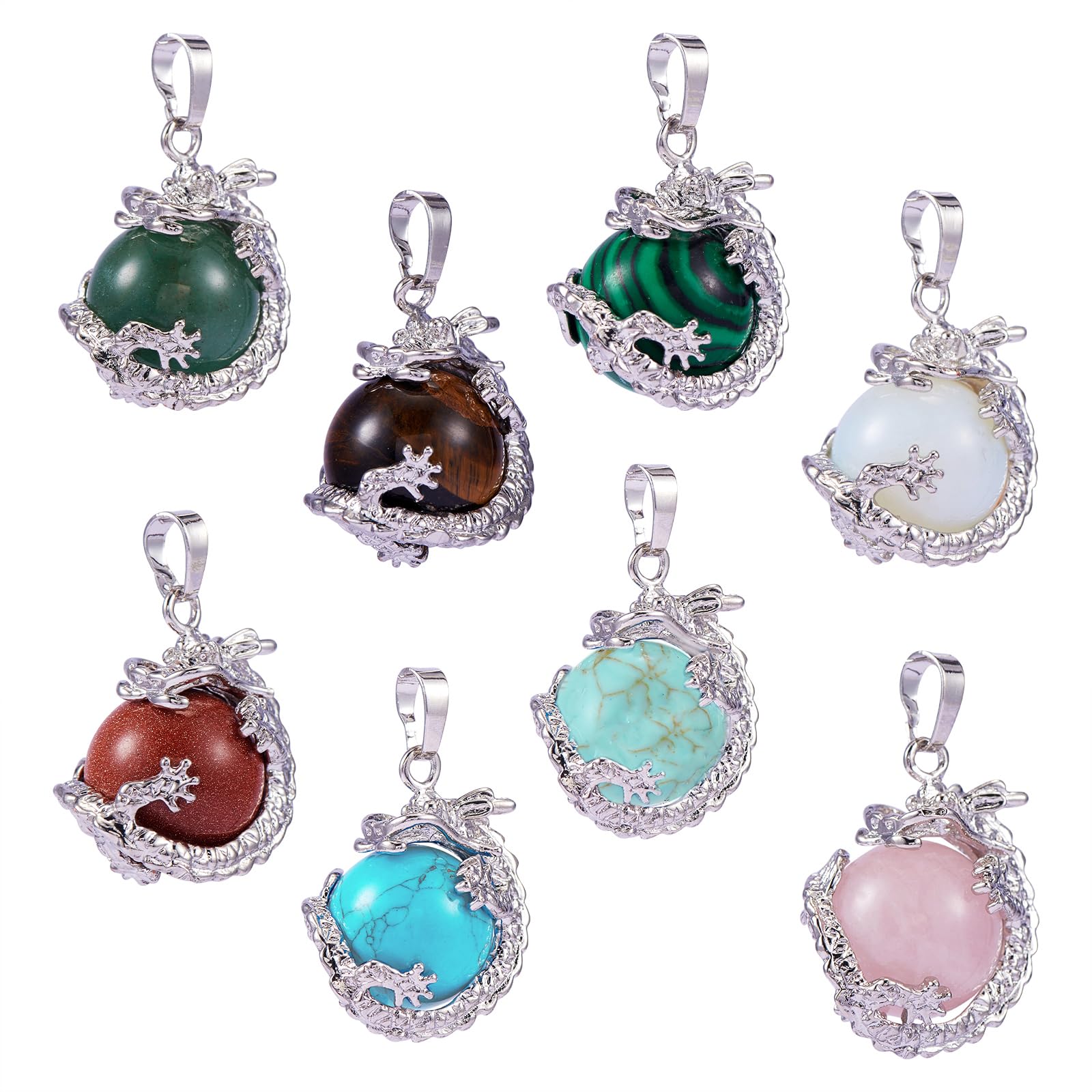 COGCHARGER 8 Pcs Dragon Wrapped Pendant Round Gemstone Charm Cylinder Crystal Round Ball Necklace with Platinum Brass Findings for Jewelry Making