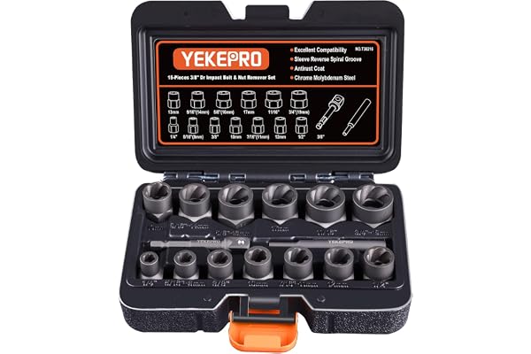 YEKEPRO 15Pc Bolt Extractor Set, 3/8" Drive Impact Nut Remover | Cr-Mo Steel Bolt & Nut Remover Kit for Stripped, Damaged, Ru