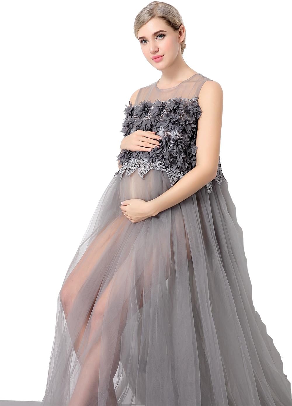 Hopeverl Women's See Through Mesh Sleeveless Gown Maxi Maternity Dress for Photo Shoot Gray
