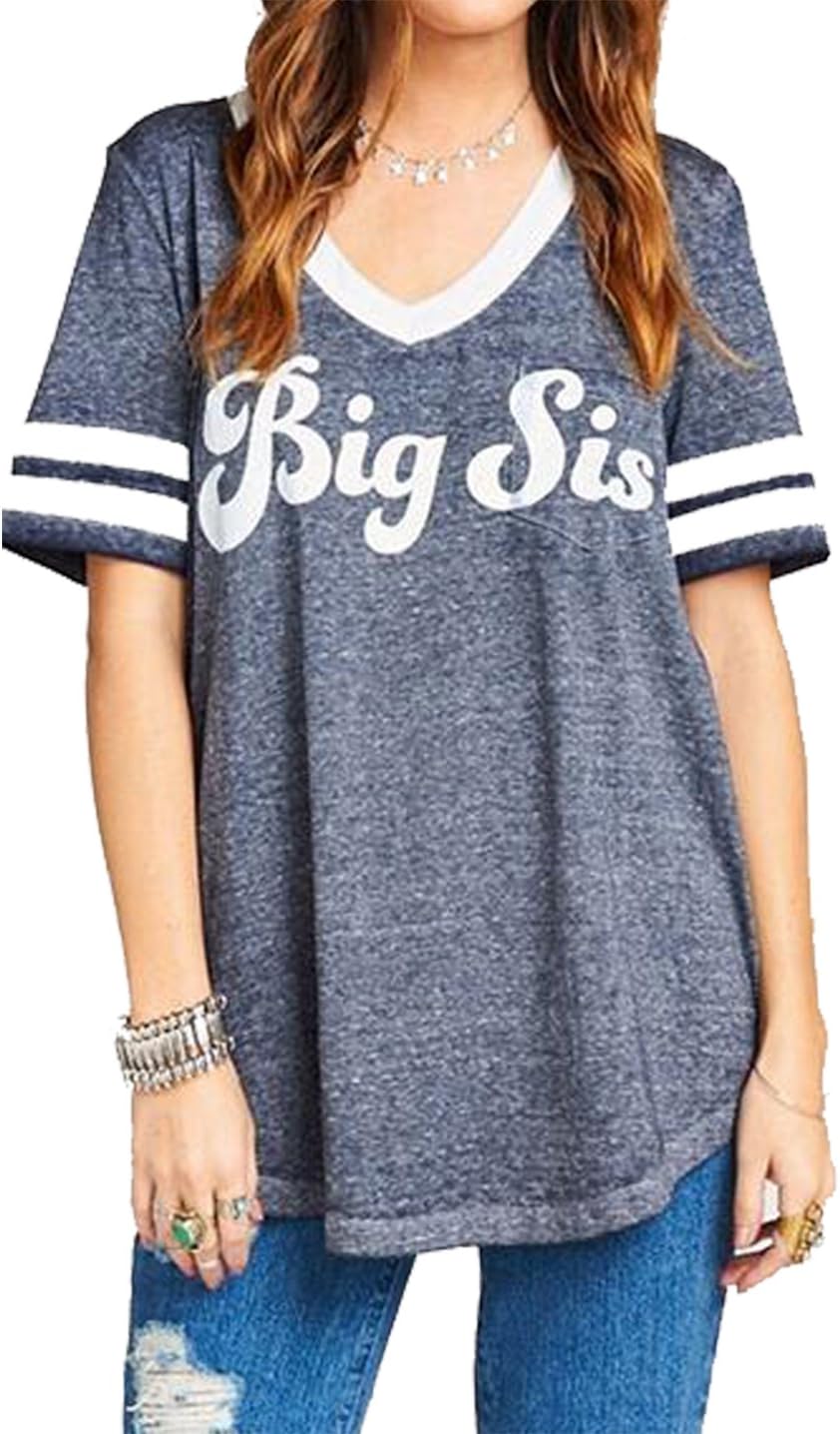 EGELEXY Best Friend T-Shirt Big Sis Lil Sis Letter Print V Neck Short Sleeve Tops