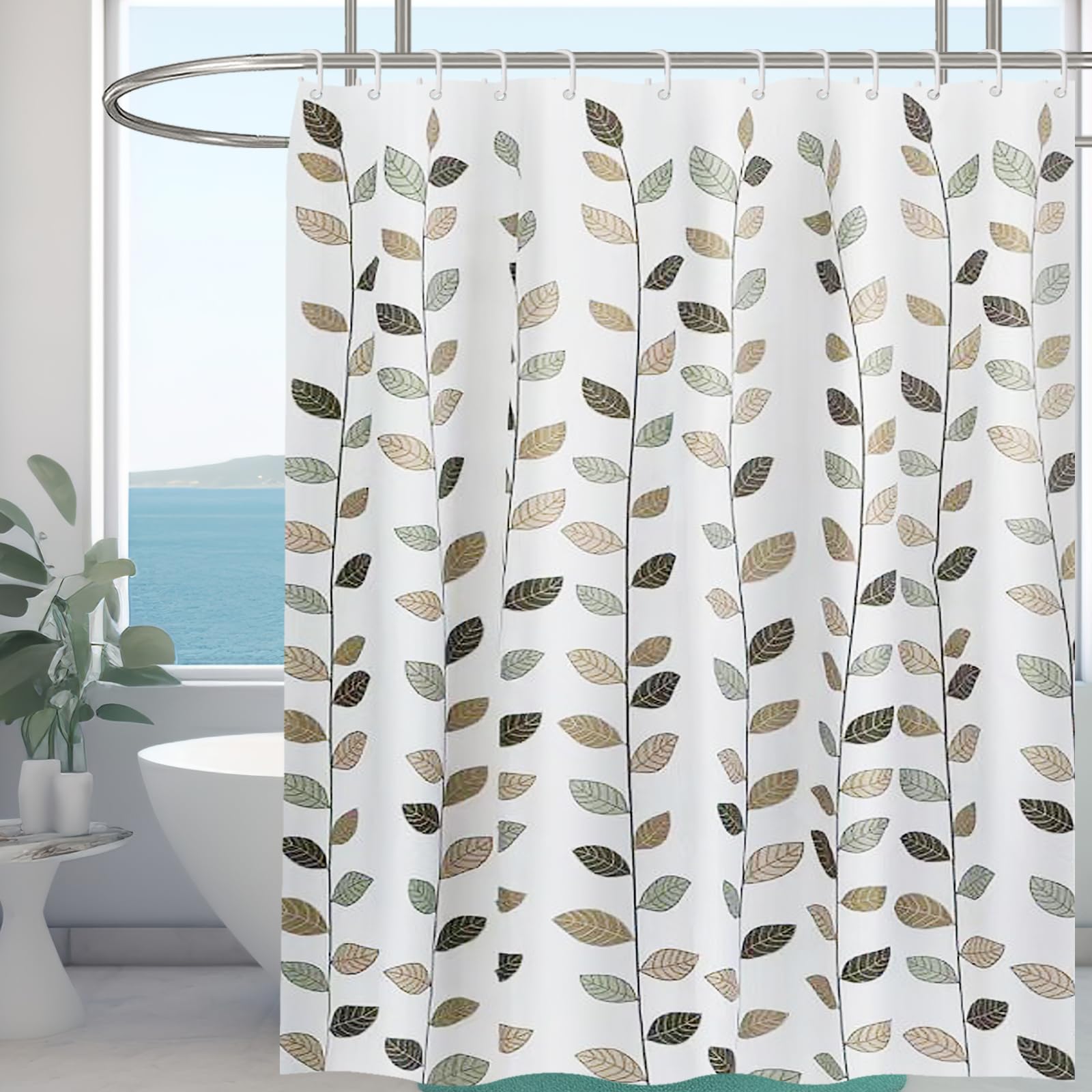 Minicoco Shower Curtains Mould Proof Resistant Bathroom Shower Curtain 100% Polyester Waterproof Shower Curtain Anti-Mould with 12 Hooks, 180 x 180 cm (Small Leaves) — image 1
