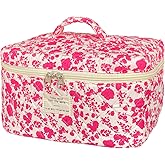 WYJ Rose Red Large Quilted Floral Makeup Bag Cute Soft Coquette Aesthetic Cosmetic Bag Cotton Travel Toiletry Bag for Women