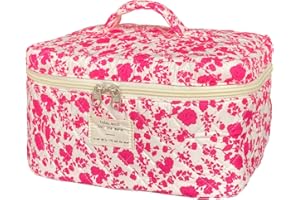 WYJ Rose Red Large Quilted Floral Makeup Bag Cute Soft Coquette Aesthetic Cosmetic Bag Cotton Travel Toiletry Bag for Women