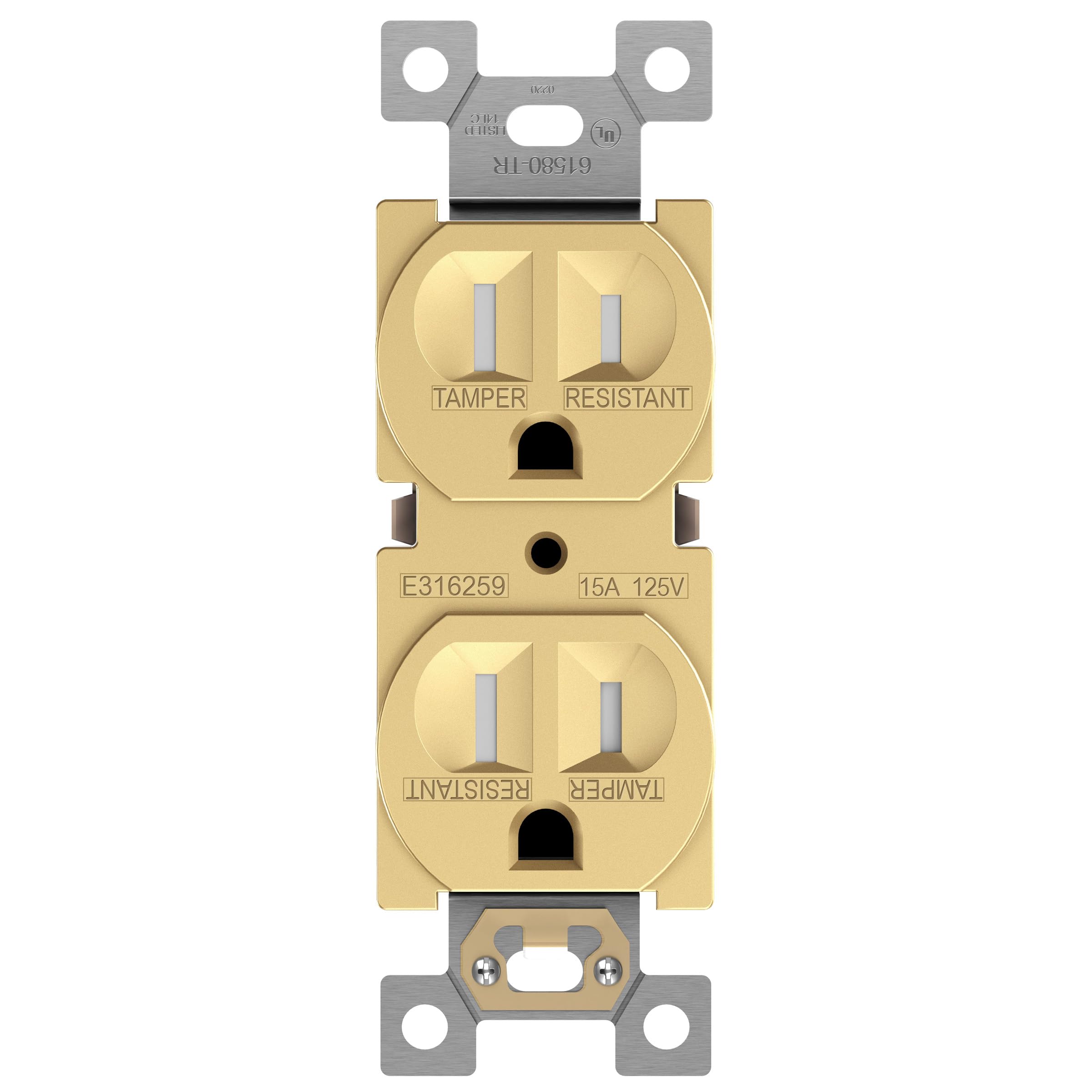 ENERLITES Elite Series Duplex Receptacle, Residential Grade Wall Outlet, Duplex Electrical Outlet, Self-Grounding, 3-Wire, 2-Pole, 15A 125V, UL Listed, 61580-GD, Gold