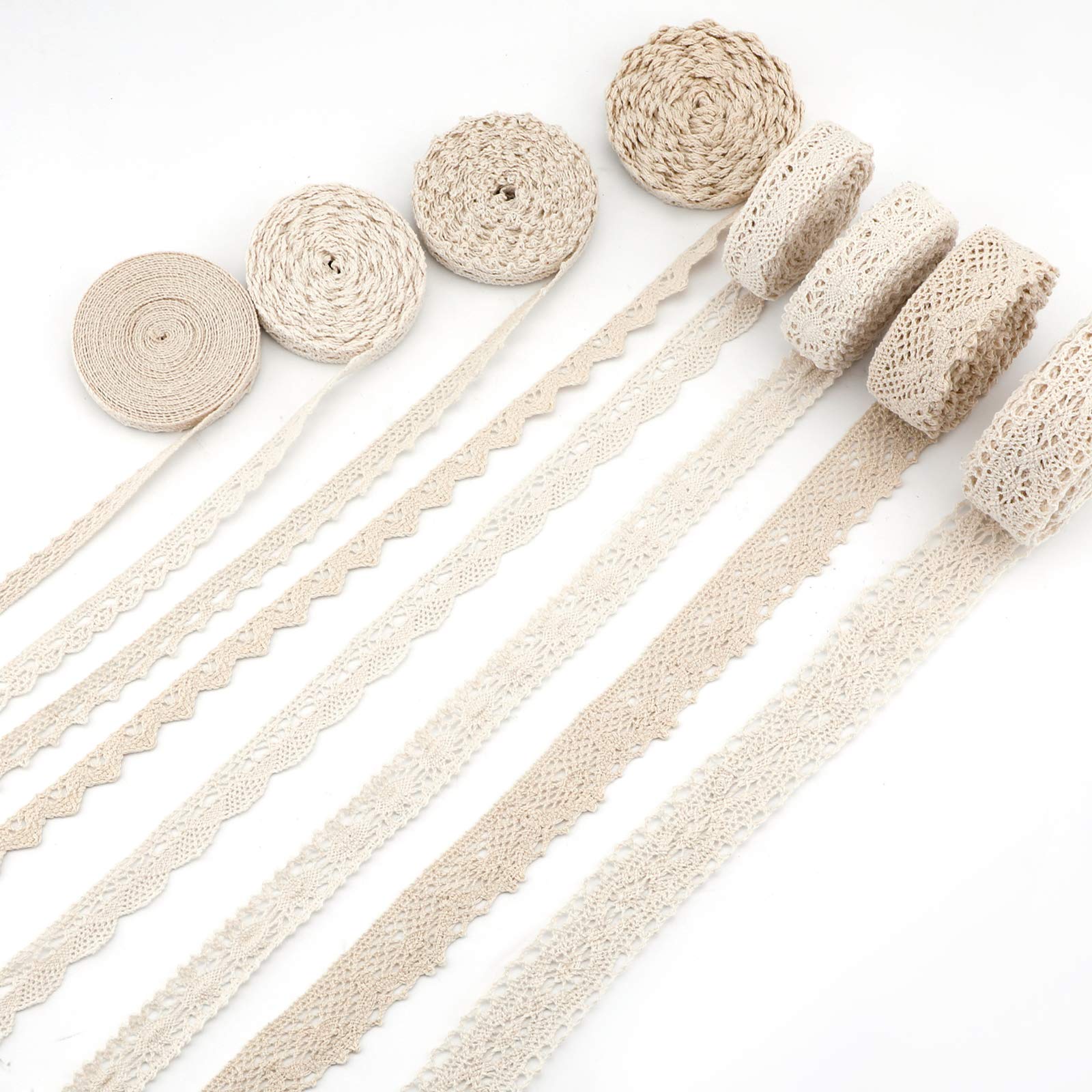 AIEX 8 Rolls 40 Metres Cotton Lace Trim Vintage Scalloped Edge Crochet Lace for Wedding Decoration, Gift Packaging 5 Metres Each (Beige)
