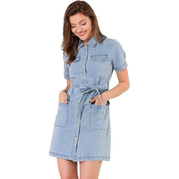 Robe Jean Femme Ete Robe Denim Bleu Clair Imprimée Poches - Col Rond été Mi-longue Robe Denim Light Blue