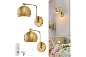 Powfloven Gold Battery Operated Wall Sconces Set of 2, Rechargeable Cordless Wall Light Fixture with Remote, Dimmable Wireless Battery Powered Wall Decor Lighting Lamp for Bedroom Living Room