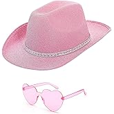 DAJOOEE Cowgirl Hat with Heart Sunglasses Glitter Cowboy Hat for Women Cosplay Bachelor Party Costume Hats