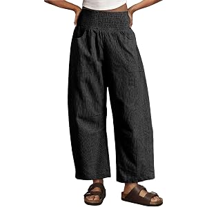 Flamingals Womens Baggy Barrel Pants Wide Leg High Smocked Waisted Lounge Pants Summer 2026 Casual Trousers with Pockets