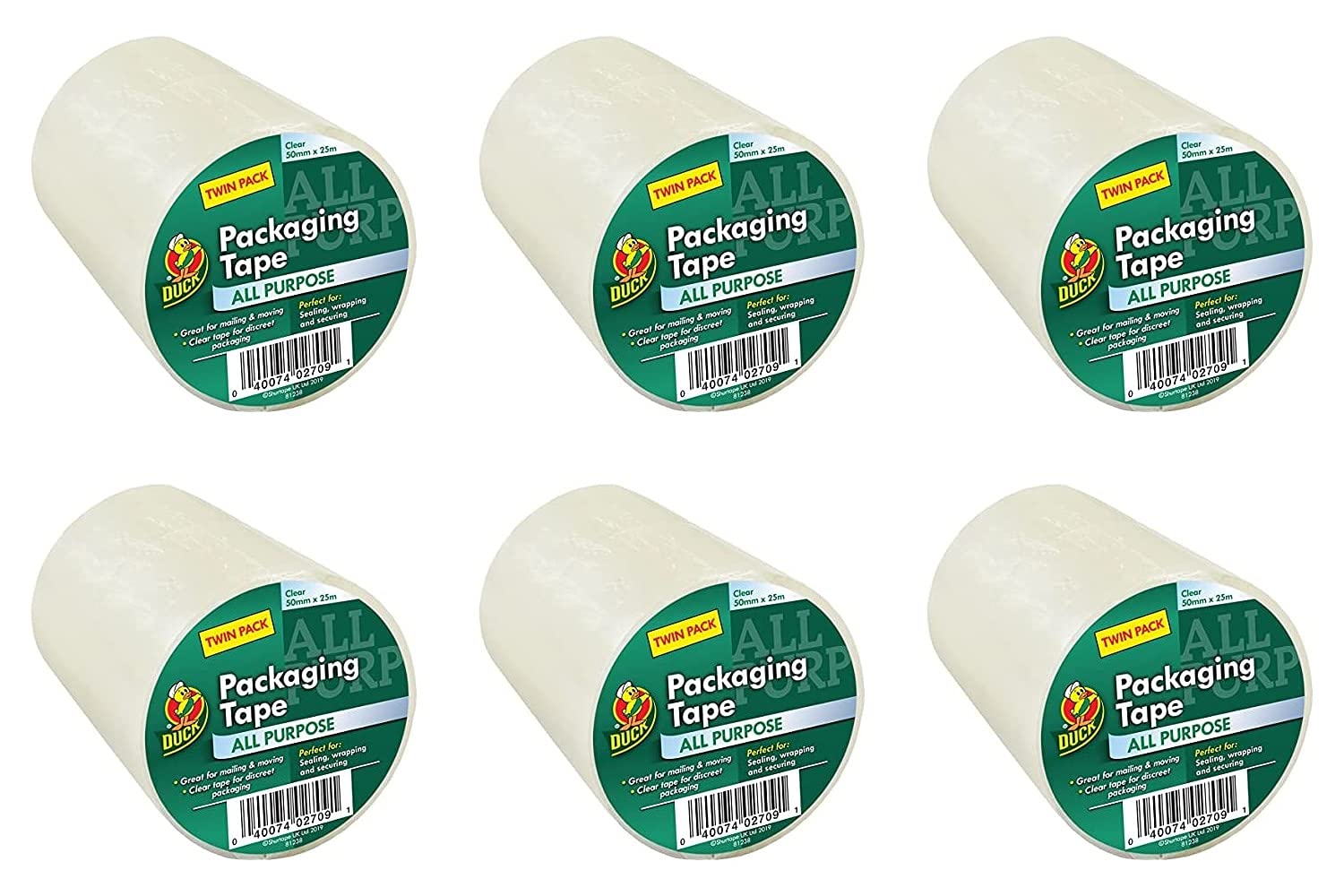 Duck Tape 224529.6 All Purpose Twin Pack Clear Packaging Tape 50mm x 25m, Pack of 6 (12 rolls total)