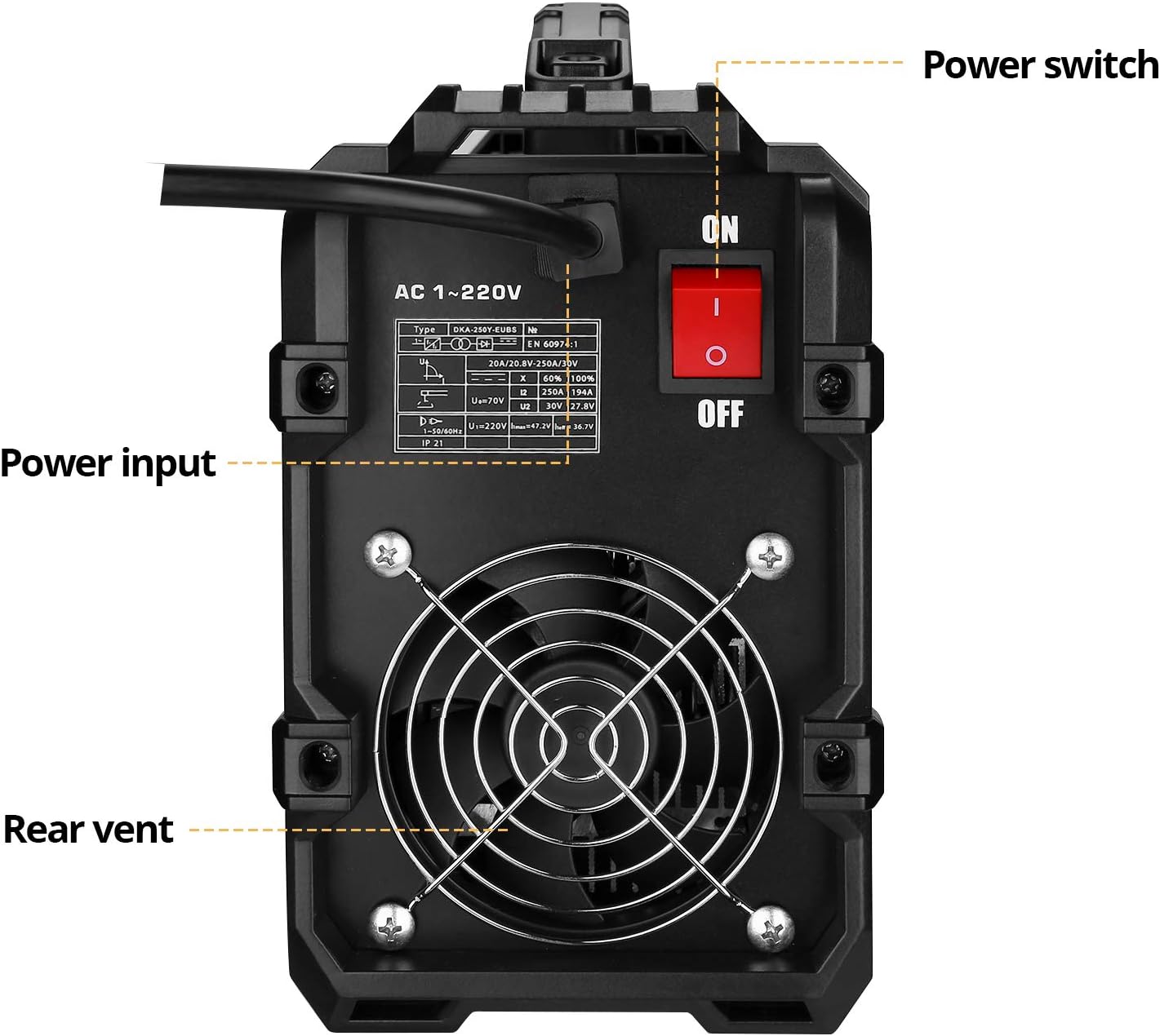DEKOPRO 220V MMA Welder, 250A ARC Welder Machine Electrode Holder,Work Clamp, Input Power Adapter Cable (250A) - Image 3
