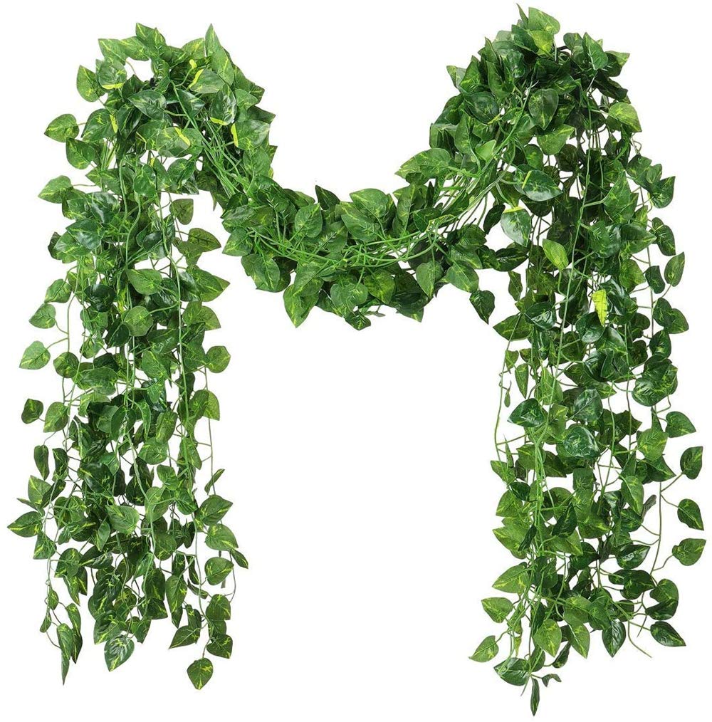 Seenew Artificial Ivy Garland, 12 Pack 84 Feet Fake Ivy Hanging Vines, Green Leaves Fake Plants for Wedding, Party, Garden, Office, Bedroom Decoration(Scindapsus Leaves)