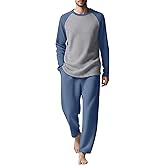 August Alley Men's Waffle Knit Pajama Set Long Sleeve Sleepwear Crewneck Shirts and Bottoms Loungewear with Pockets