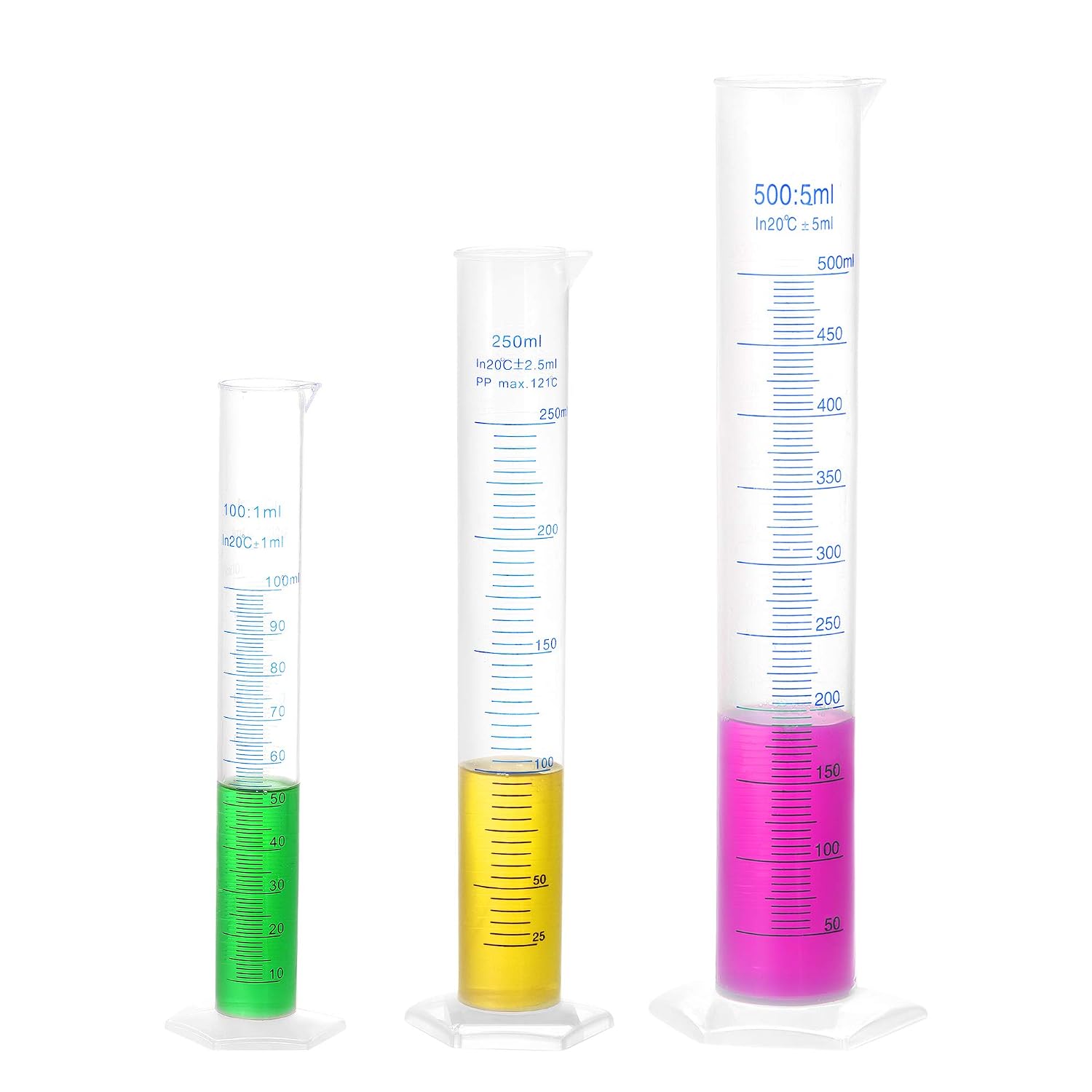 sourcing map Plastic Graduated Cylinder, 100ml 250ml 500ml Measuring Cylinder, Double-Sided Metric Marking, Clear Hex Base, 3 in 1 Set