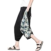 DOSLAVIDA Men's Linen Harem Capri Pants Lightweight Elastic Waist Wide Leg Cropped Trousers Casual Loose Beach Capris