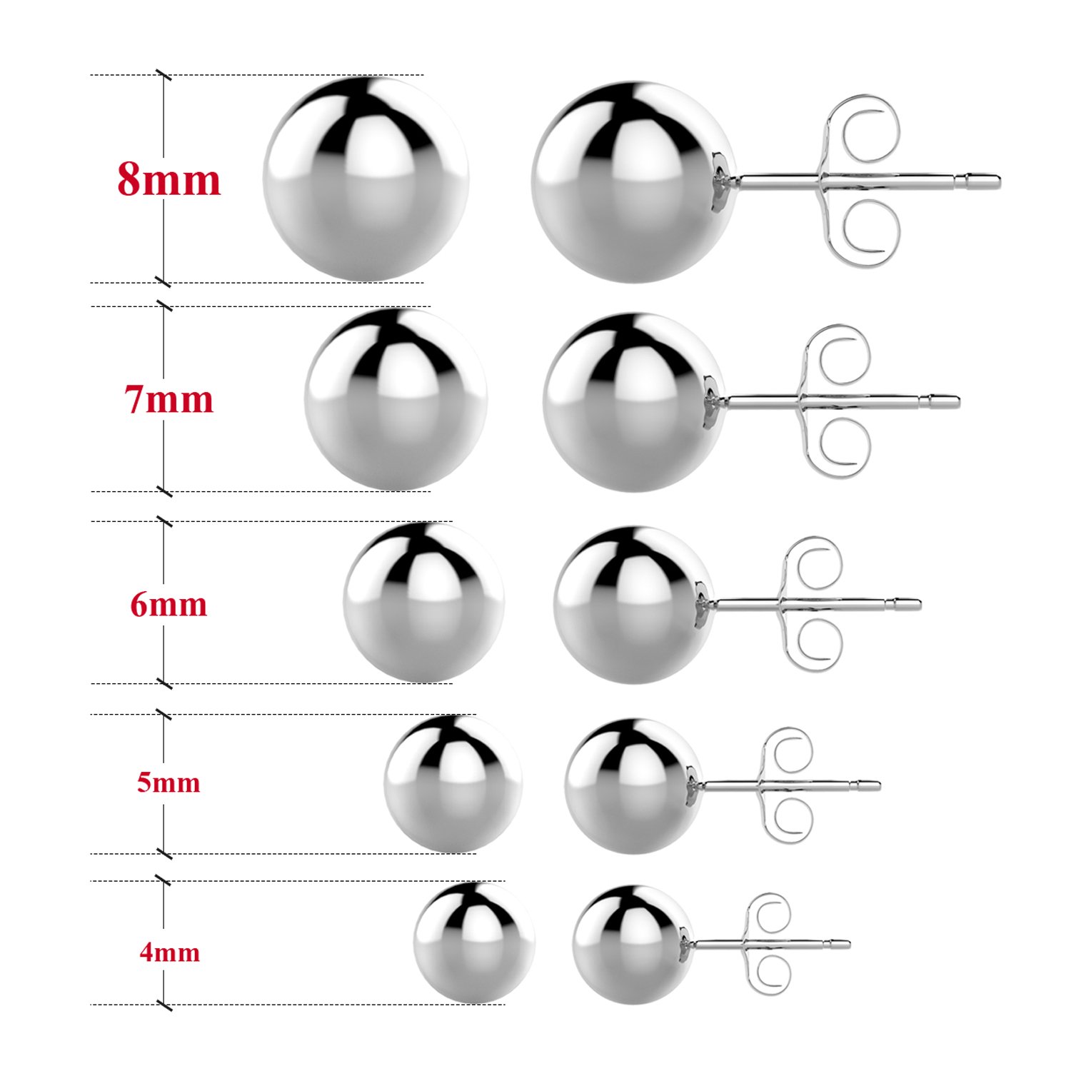 UHIBROS Hypoallergenic Studs Earrings 316L Surgical Stainless Steel Round Ball Earring 5 Pairs Assorted Sizes(4mm-8mm)