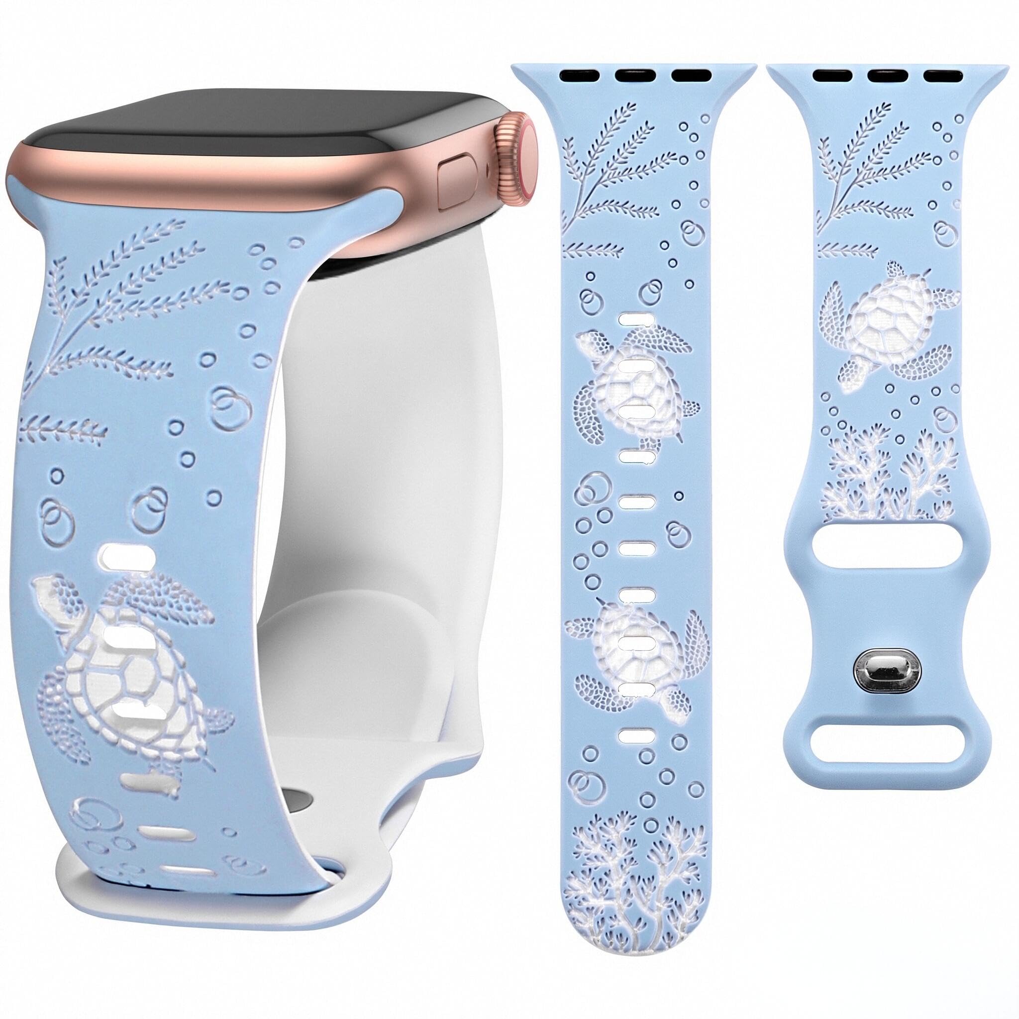 HMFCBFSS Cute Sea Turtle Band Compatible with Apple Watch Bands Women 42mm 44mm 45mm 46mm 49mm, Sport Silicone Band for iWatch Series 11 10 Se 9 8 7 6 5 4 3 2 1 Ultra Waterproof Strap for Daily Summer (Sky blue/White, 44mm/45mm/46mm/49mm/(42mm-Series 3 2 1)