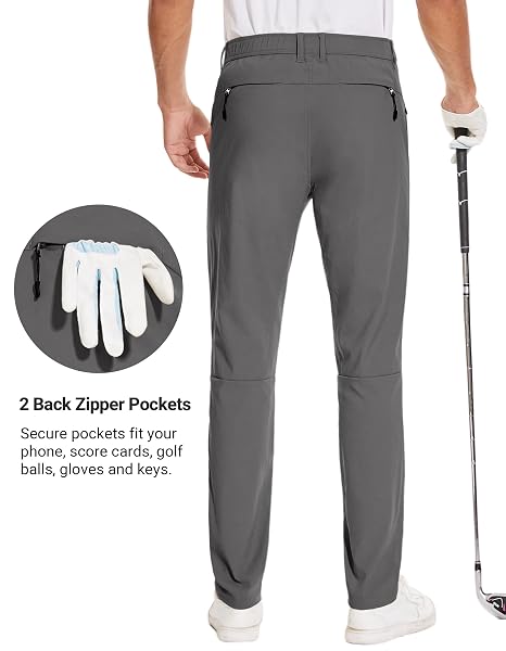 SPECIALMAGIC GOLF PANTS MEN STRETCH SLIM FIT HIKING PANTS LIGHTWEIGHT DRESS CASUAL TAPERED 2 BACK ZIPPER POCKETS,GREY 30W30L