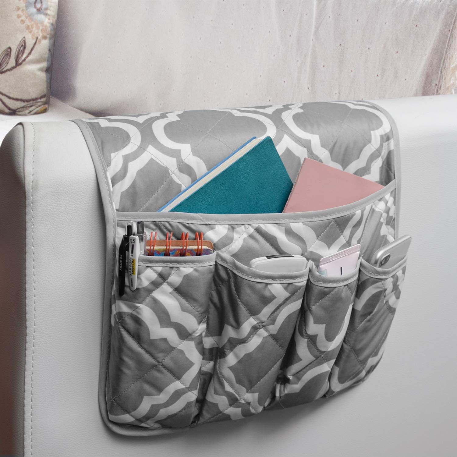 MDSTOP 5 Pockets Remote Control Holder, Magazine Rack, Space Saver Organizer, Draped Over Sofa, Couch, Recliner Armrest (Grey + White)