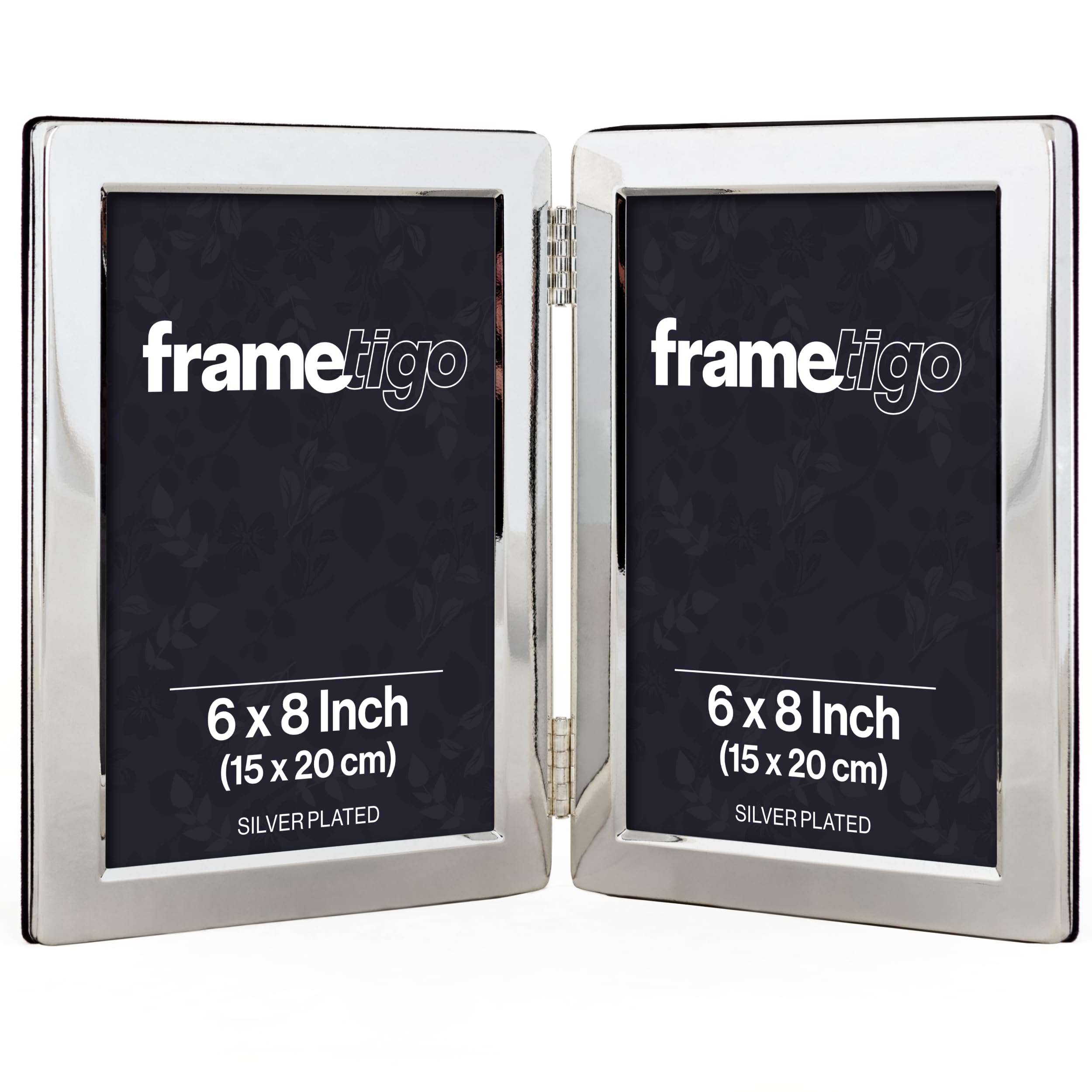 Frametigo - Silver Plated Flat Edge Double Photo Frame, 6" x 8" (15x20cm) Photo Size - Portrait Orientation - Real Glass Window - Traditional Silver Picture Frames - Tarnish Resistant