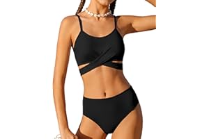 AGERWAY Girls Swimsuit Bathing Suits Criss Cross Bikini Set Two Piece Girls' Swimwear Solid Color Bathing Suit 7-16T